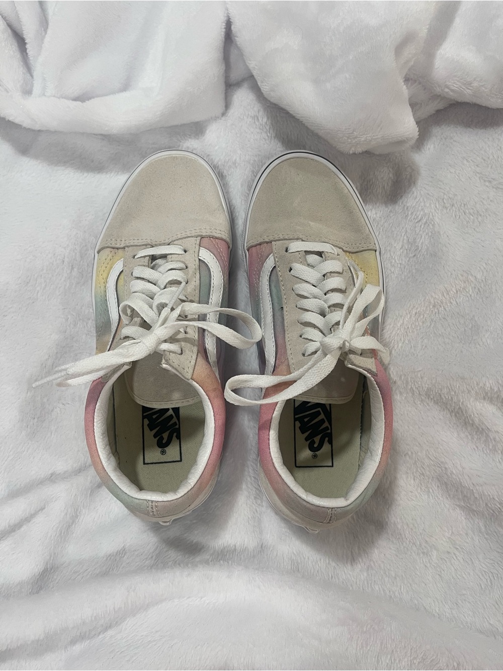 Vans Women’s Old Skool Sneakers — White with Pastel Rainbow Accents